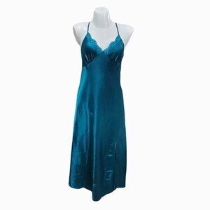 Satin Chemise Gown Slip Dress L Blue Green